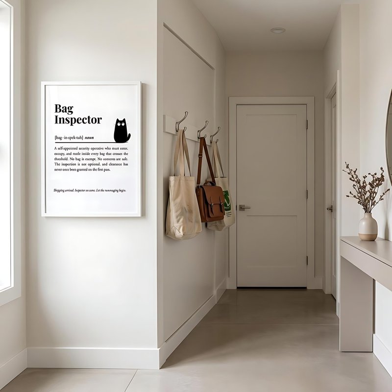 Bag Inspector cat definition print wall art - featuring Crumpet the orange tabby - The Cuddly Cat Company