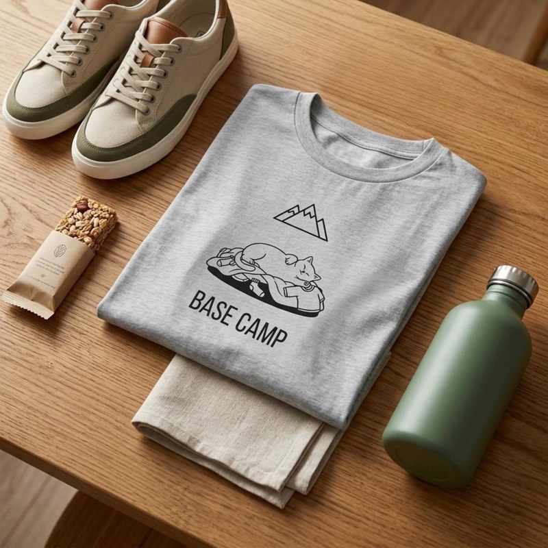 Base Camp lazy hiking tabby cat t-shirt - funny camping gift for hikers and cat lovers