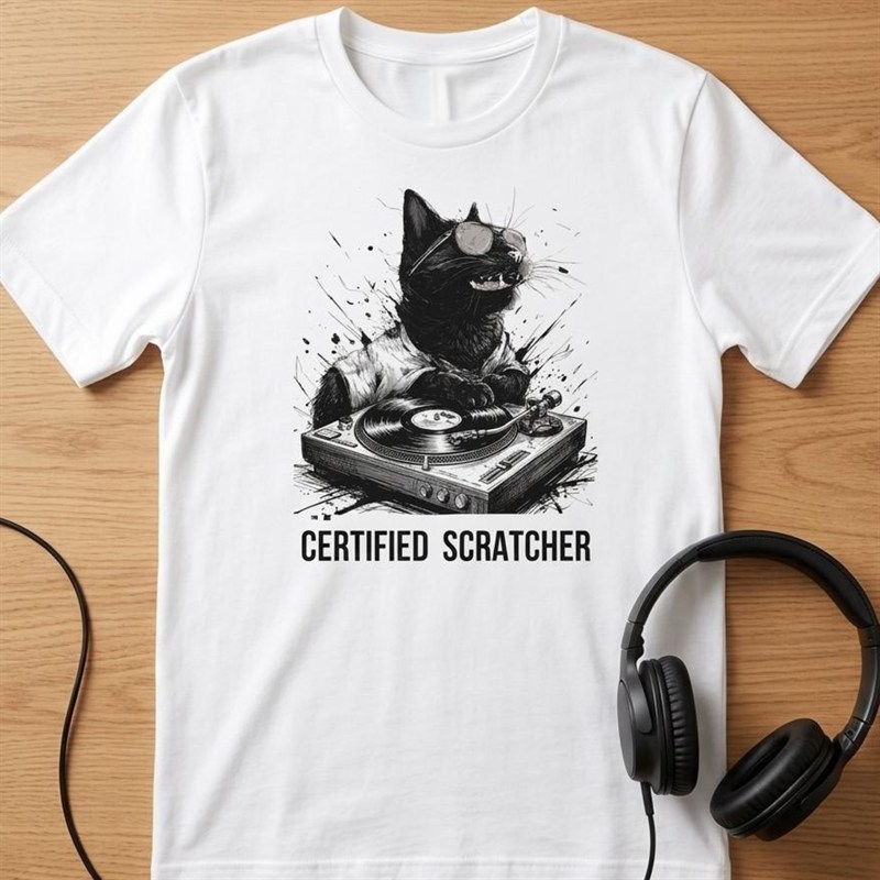 Certified Scratcher DJ cat t-shirt - black cat at turntable - music lover gift