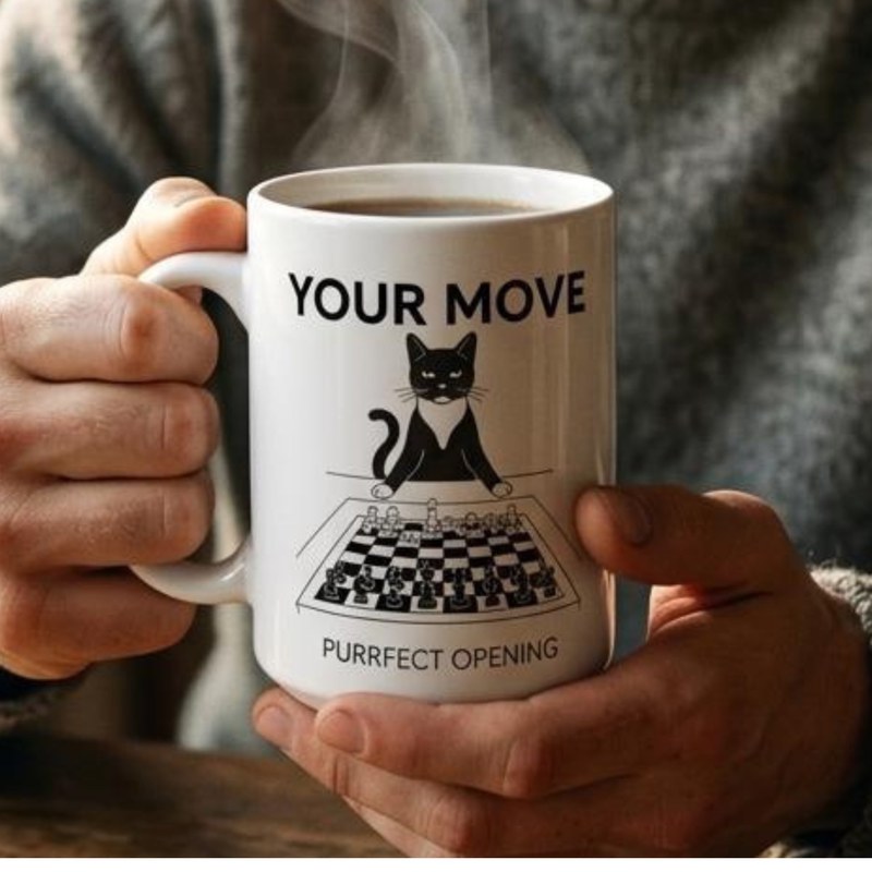 Checkmate tuxedo cat chess mug - funny chess gift for cat owners (11oz / 15oz)