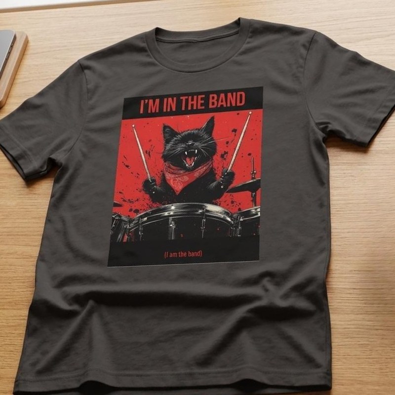 Drummer Cat black cat rock band t-shirt - drummer music lover gift