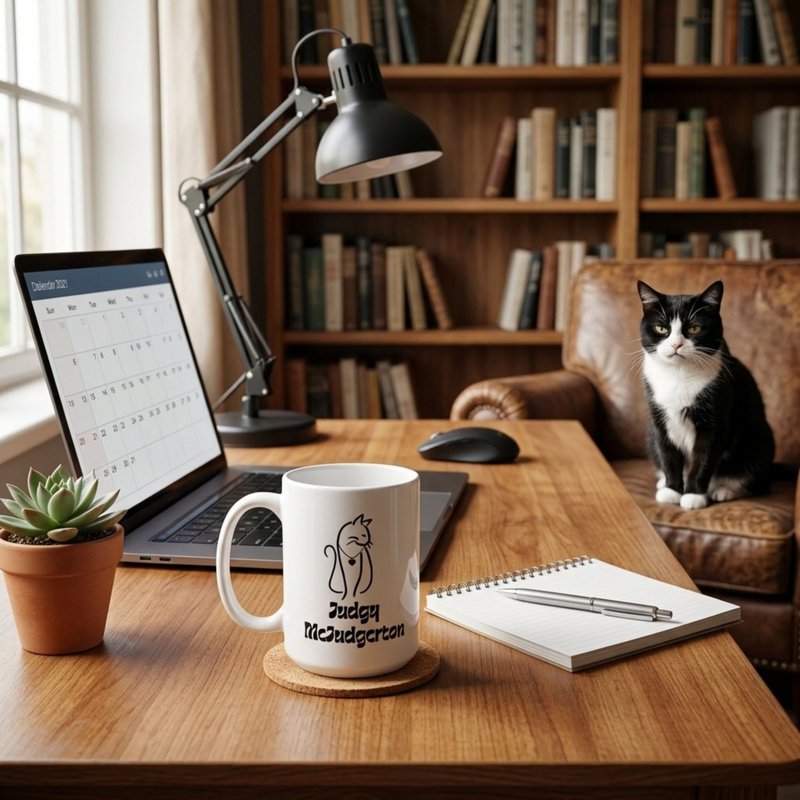 Judgy McJudgerton grumpy cat mug - sarcastic tuxedo cat gift by The Cuddly Cat Company