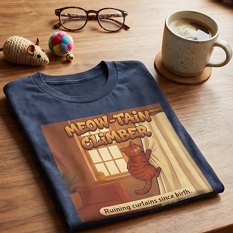 Meow-tain Climber orange cat curtain ruining t-shirt - funny gift for orange cat owners and climbers