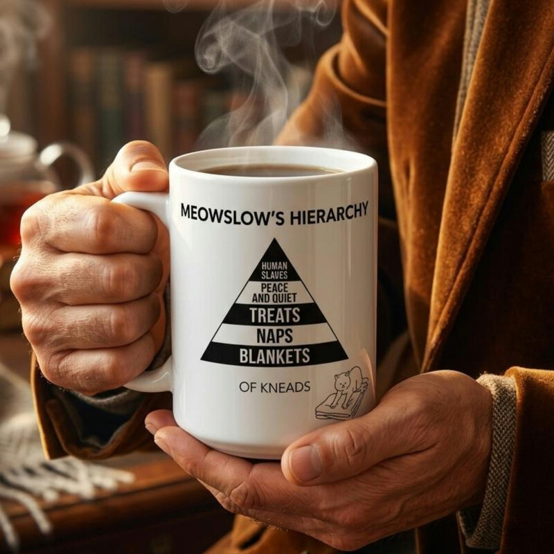 Meowslow Hierarchy of Kneads cat mug - funny psychology cat gift by The Cuddly Cat Company