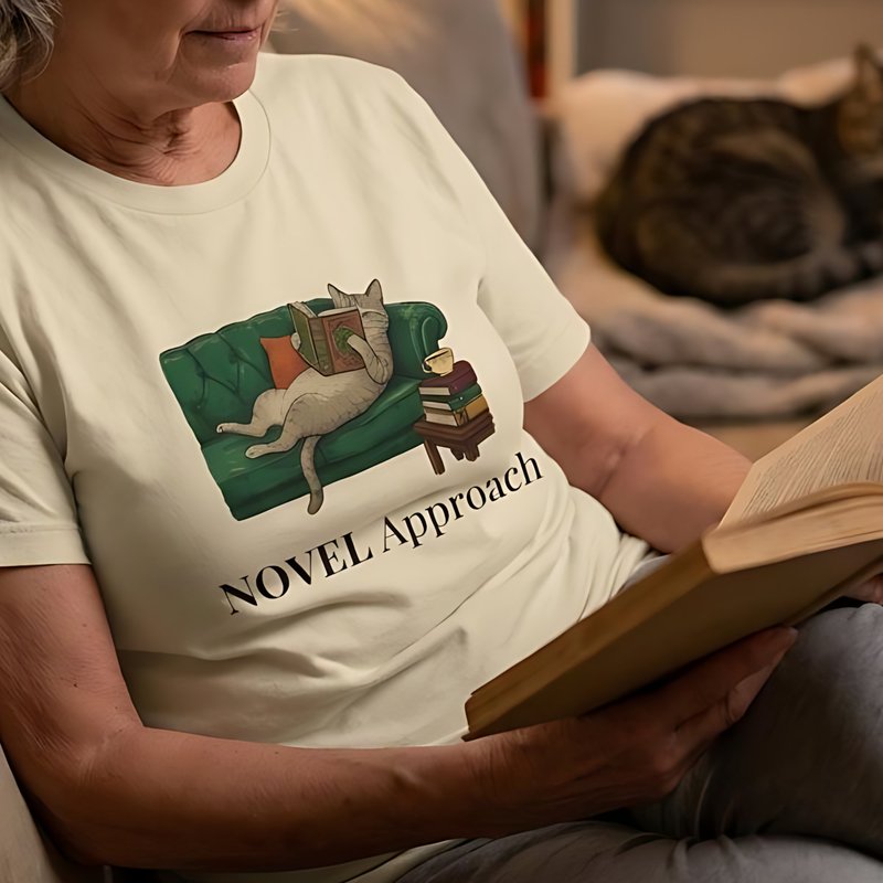 Novel Approach bookish tabby cat t-shirt - cozy reader gift for book lovers and cat owners