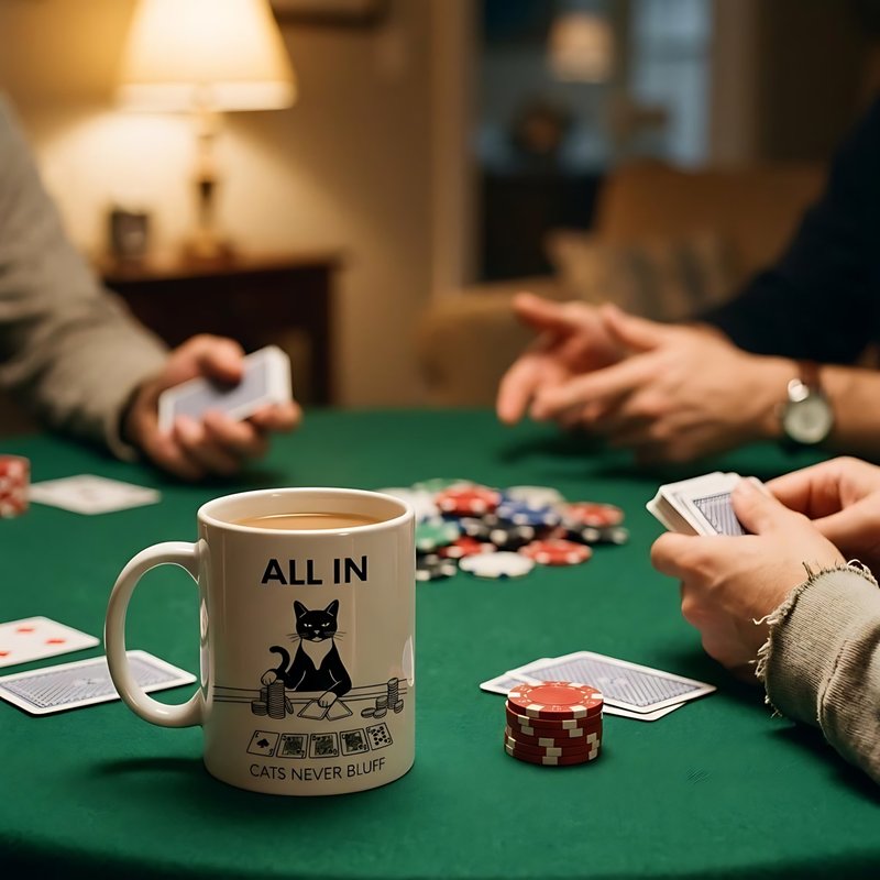 All In poker cat mug - cats never bluff - original cat lover gift mug by The Cuddly Cat Company