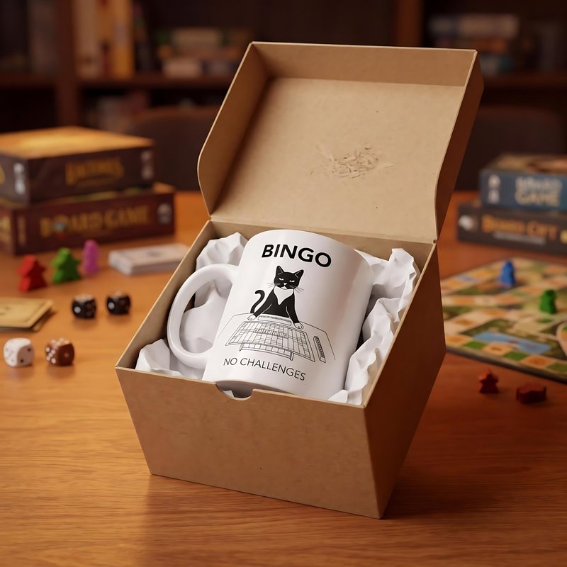 Scrabble Bingo cat board game mug - tuxedo cat scored a bingo gift by The Cuddly Cat Company