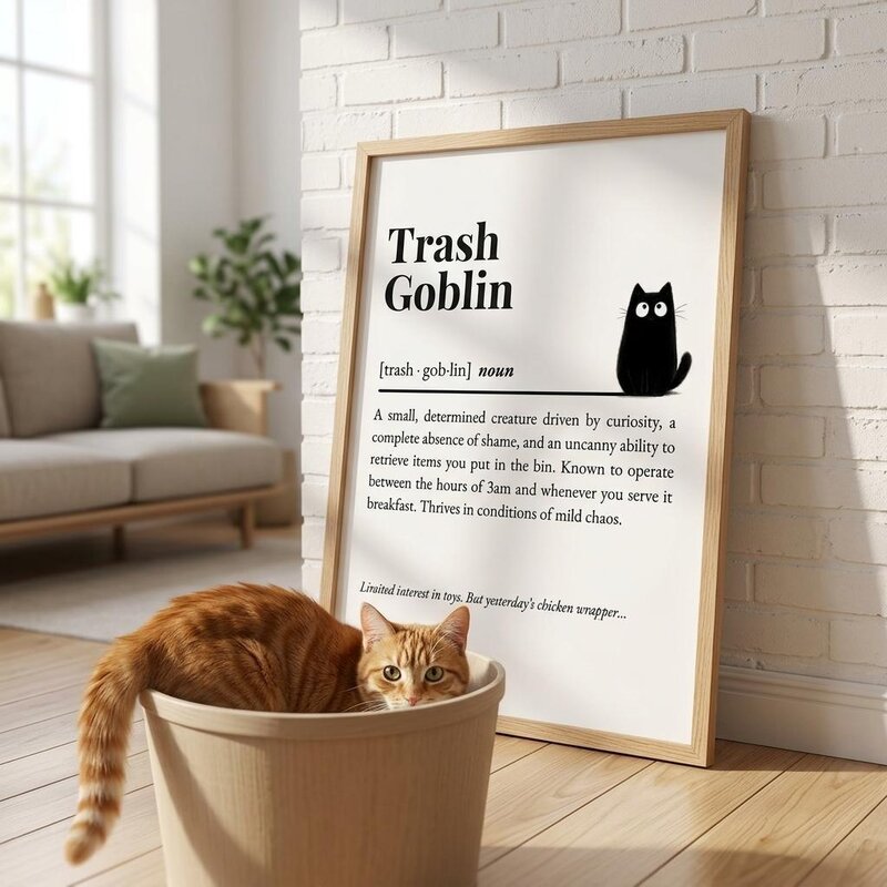 Trash Goblin cat definition print wall art - featuring Crumpet the orange tabby - The Cuddly Cat Company