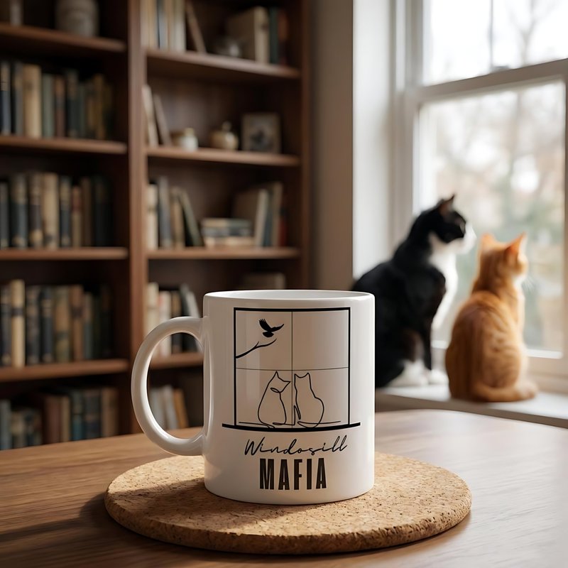Windowsill Mafia orange tabby cat mug - grumpy neighbourhood watch cat gift by The Cuddly Cat Company
